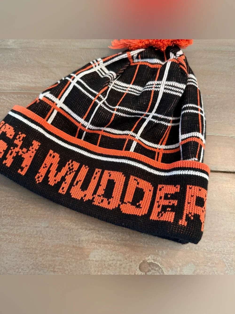 Tough Mudder Race Winter Beanie Hat Black Orange Pom Pom Preowned